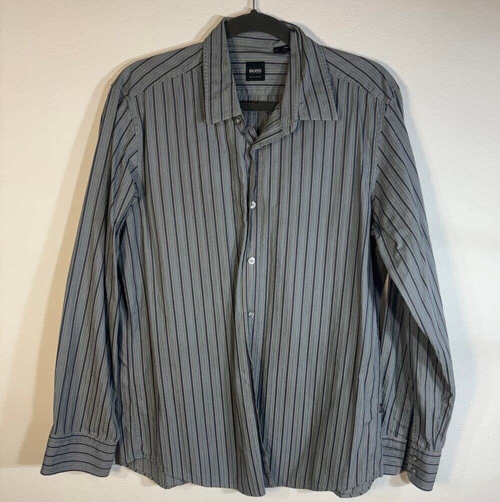 Hugo Boss Mens L Regular Fit Blue Gray Striped Long Sleeve Button Down Shirt